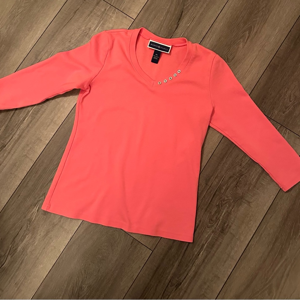 Karen Scott Pink V-Neck Top with Stud Detail Petite Small